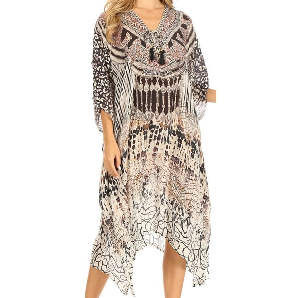 Sakkas Zeni Women/'s Short Sleeve V-Neck Summer Floral Print Caftan Dress Cover-up